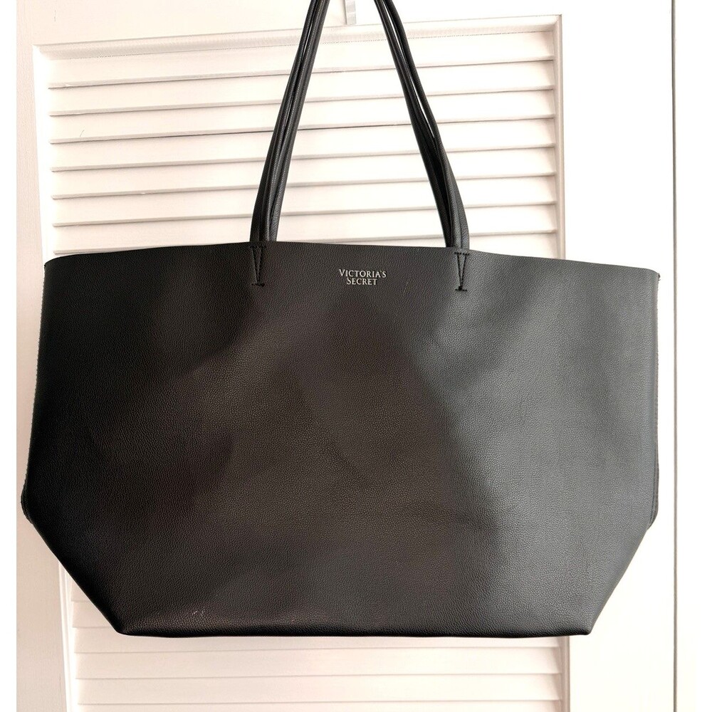 Victoria’s Secret Large Black Faux Leather Tote Bag Oversized Minimalist Shopper